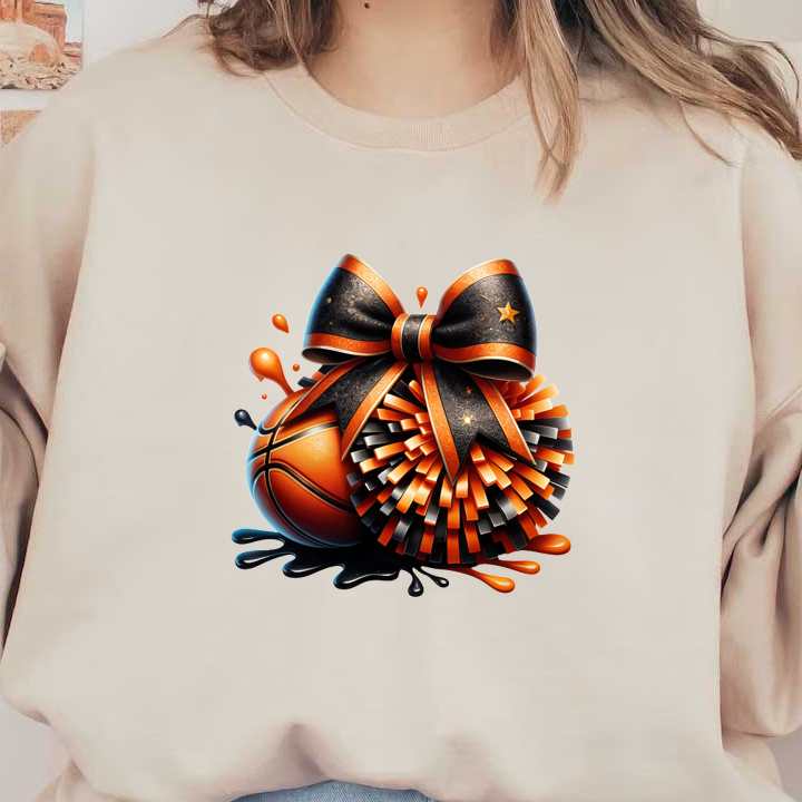 A vibrant illustration featuring a basketball adorned with a stylish black and orange bow, alongside a matching pom-pom.DTF Transfers dtf transfers