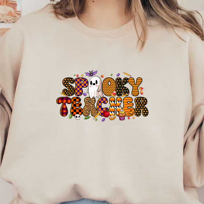 Celebrate the season with this vibrant "Spooky Teacher" design, featuring playful Halloween imagery and festive colors. dtf transfers