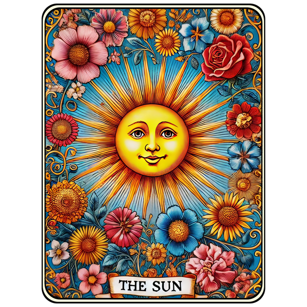 Ilustración brillante y colorida que presenta un sol sonriente rodeado de flores vibrantes, titulada "EL SOL" en la parte inferior.