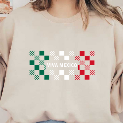 Celebre a México con este diseño vibrante que presenta patrones verdes, blancos y rojos y un texto en negrita que dice "Viva México".