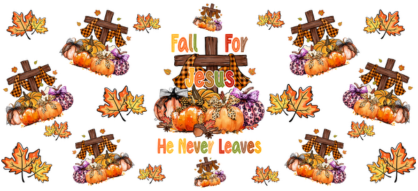 Este encantador gráfico con temática otoñal presenta calabazas, hojas otoñales y una cruz, que celebran el mensaje "Enamórate de Jesús". Transferencias UV
