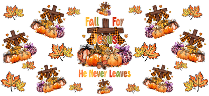 Este encantador gráfico con temática otoñal presenta calabazas, hojas otoñales y una cruz, que celebran el mensaje "Enamórate de Jesús". Transferencias UV