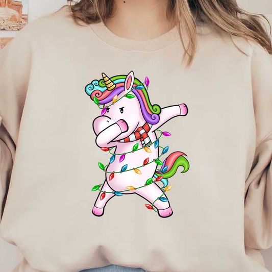 A whimsical unicorn, adorned in colorful Christmas lights and a striped scarf, strikes a playful pose in delight. dtf transfers