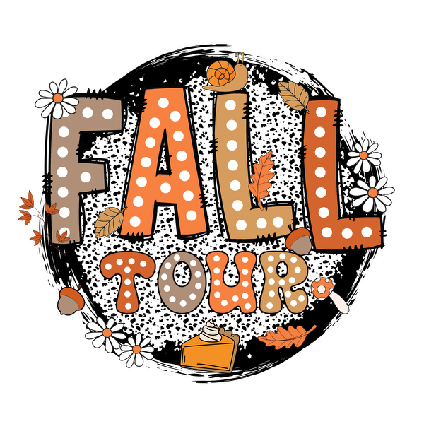 Celebrate the season with this vibrant "Fall Tour" graphic featuring playful lettering, autumn leaves, and festive decorations.dtf regular iron