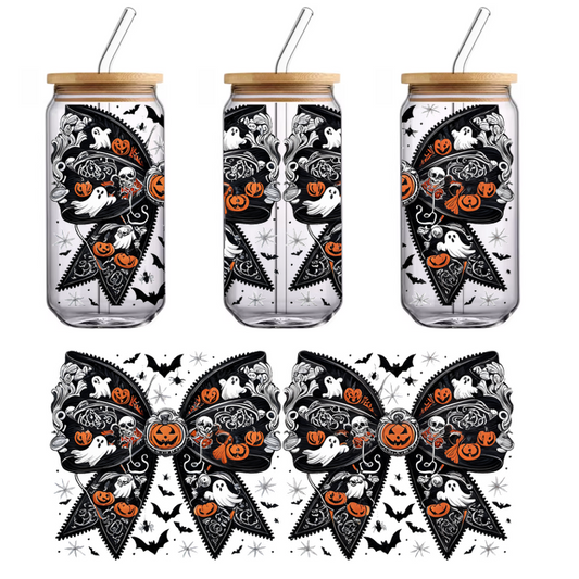 A festive trio of Halloween-themed bows featuring ghosts, pumpkins, and skull designs in black, white, and orange.UV Transfers dtf prints