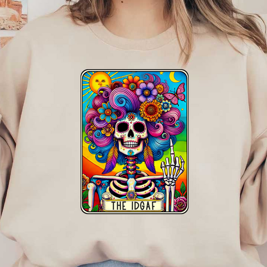 Arte vibrante inspirado en el Día de los Muertos que presenta un esqueleto colorido con decoraciones florales y un ambiente lúdico, titulado "THE IDGAF".