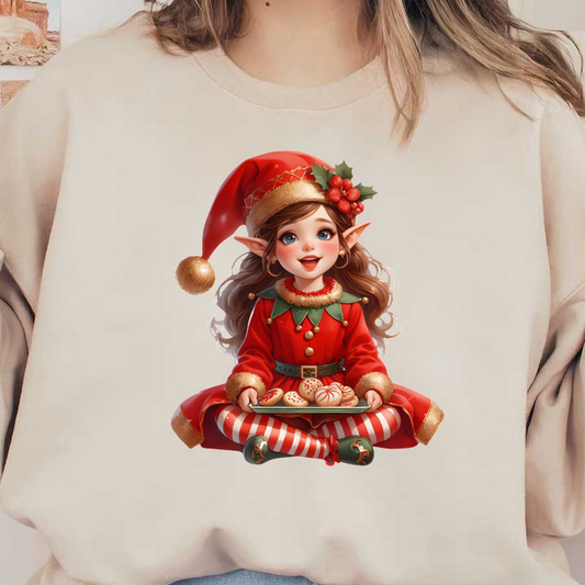 A cheerful elf girl in a red holiday outfit sits with a platter of decorated cookies, exuding festive charm.DTF Transfers dtf transfers