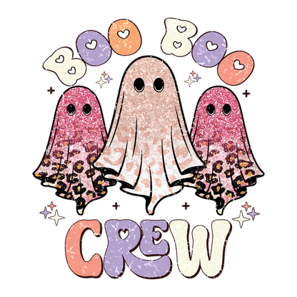 Cheerful graphic featuring three glittery, colorful ghosts with the playful text "Boo Boo Crew," perfect for Halloween vibes!dtf regular iron