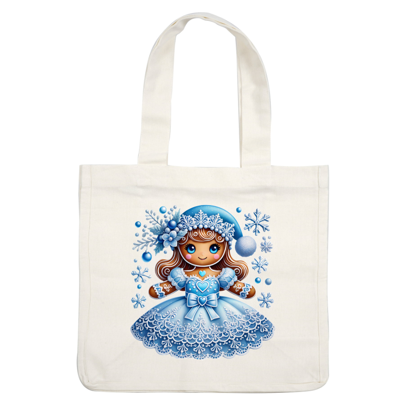 A charming gingerbread doll wearing a beautiful blue frock, adorned with snowflakes and festive decorations, perfect for winter celebrations.DTF Transfers heat press transfers