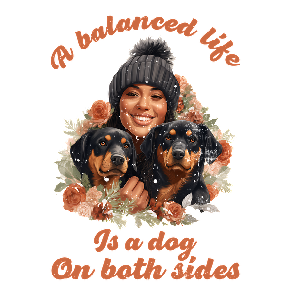 Un diseño alegre que presenta a una mujer con dos Rottweilers, rodeada de flores, resaltando la alegría de la compañía.