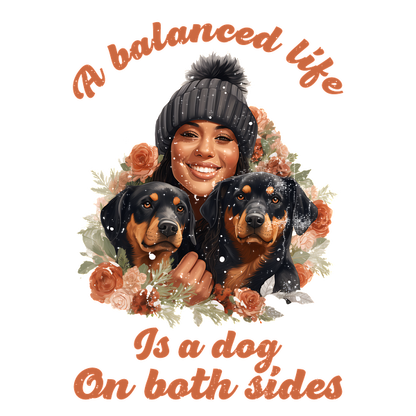 Un diseño alegre que presenta a una mujer con dos Rottweilers, rodeada de flores, resaltando la alegría de la compañía.