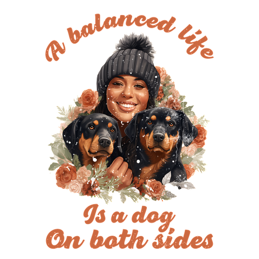 A cheerful design featuring a woman with two Rottweilers, surrounded by flowers, highlighting the joy of companionship. heat press transfers