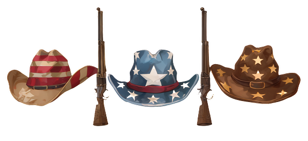 A vibrant collection of three cowboy hats in patriotic designs, paired with rifles, showcasing Western-themed style and flair.UV Transfersdtf regular iron