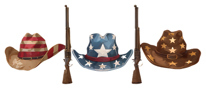 A vibrant collection of three cowboy hats in patriotic designs, paired with rifles, showcasing Western-themed style and flair.UV Transfersdtf regular iron