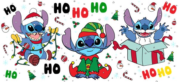 Celebrate the holidays with this colorful, playful illustration of Stitch in festive attire, spreading cheer and joy!UV Transfers