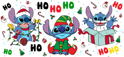 Celebrate the holidays with this colorful, playful illustration of Stitch in festive attire, spreading cheer and joy!UV Transfers