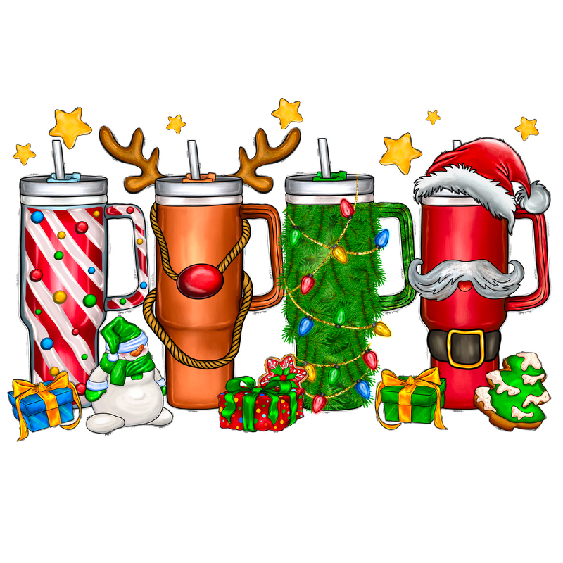 Celebrate the holidays with a festive collection of colorful mugs, featuring designs like candy canes, reindeer, and Santa!DTF Transfers dtf transfers