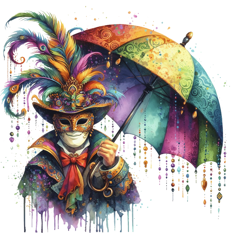 A vibrant, colorful figure adorned in a feathered hat and an ornate coat holds a multicolored umbrella, exuding a festive spirit.DTF Transfers