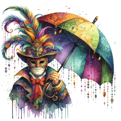 A vibrant, colorful figure adorned in a feathered hat and an ornate coat holds a multicolored umbrella, exuding a festive spirit.DTF Transfers