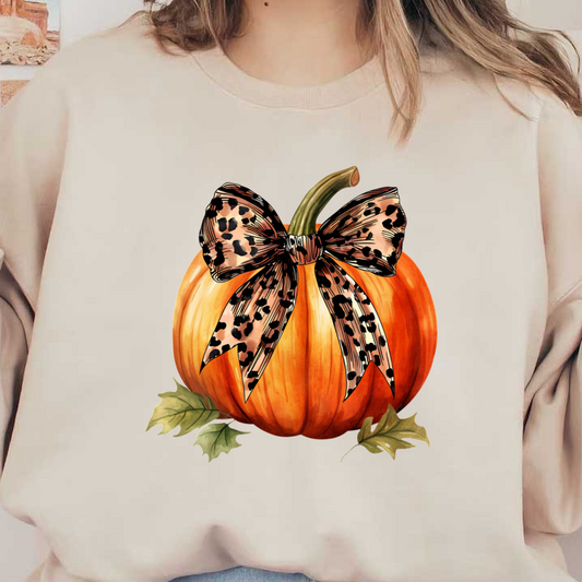 A charming orange pumpkin adorned with a stylish leopard print bow, surrounded by vibrant green leaves. heat press transfers