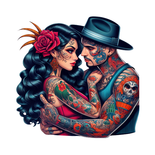 A vibrant couple embraces, showcasing intricate tattoos and stylish attire, emphasizing a blend of love and artistry.DTF Transfers dtf prints