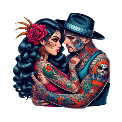 A vibrant couple embraces, showcasing intricate tattoos and stylish attire, emphasizing a blend of love and artistry.DTF Transfers dtf prints