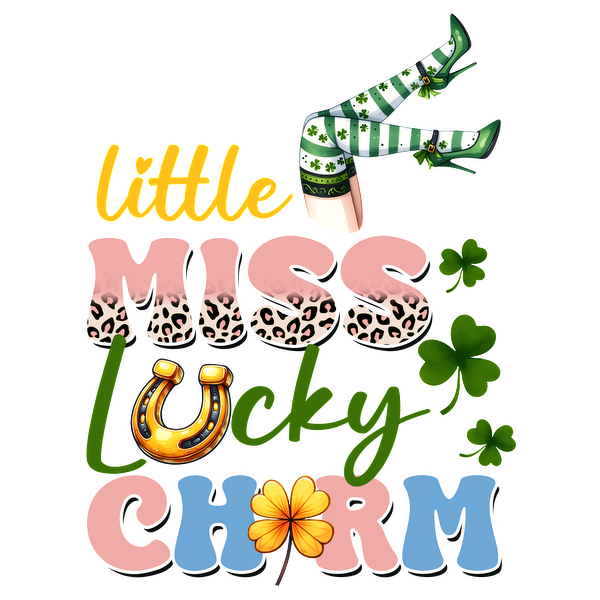 Whimsical "Little Miss Lucky Charm" design featuring playful text, leopard patterns, shamrocks, and a mischievous leprechaun's green-striped legs.