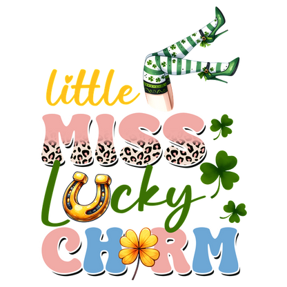 Whimsical "Little Miss Lucky Charm" design featuring playful text, leopard patterns, shamrocks, and a mischievous leprechaun's green-striped legs.