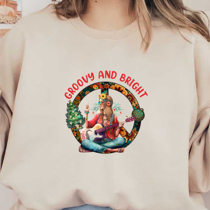 A vibrant, hippie-inspired illustration featuring a young woman playing guitar, surrounded by colorful peace symbols and a holiday tree. heat press transfers