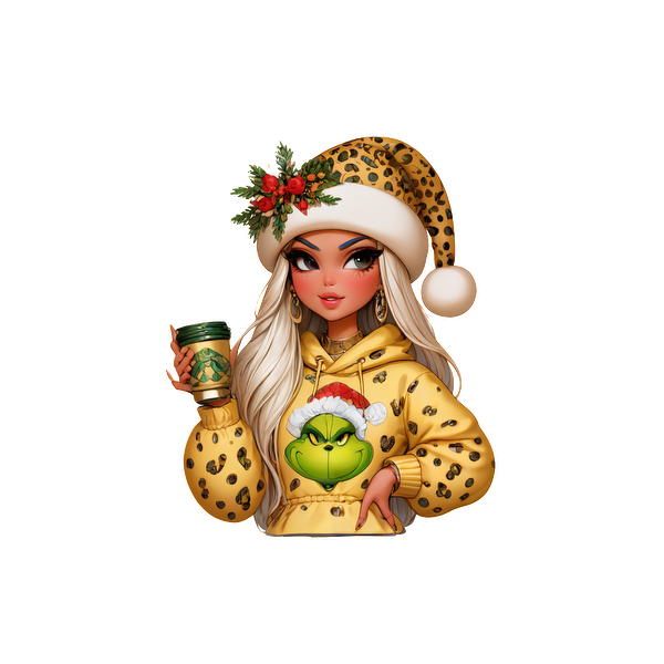 A stylish character in a leopard-print hoodie, festive hat, and holding a drink, exuding holiday cheer with a playful Grinch design.DTF Transfers dtf prints