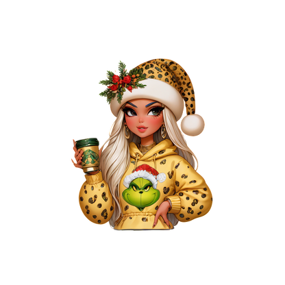 A stylish character in a leopard-print hoodie, festive hat, and holding a drink, exuding holiday cheer with a playful Grinch design.DTF Transfers dtf prints