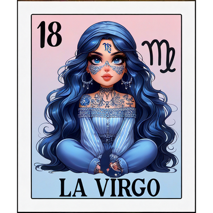 Una ilustración vibrante de un personaje que representa a "La Virgo", con tatuajes intrincados, cabello azul y un atuendo elegante.