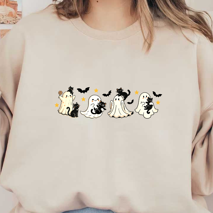 Cute Halloween illustration featuring playful ghosts and adorable black cats.DTF Transfers