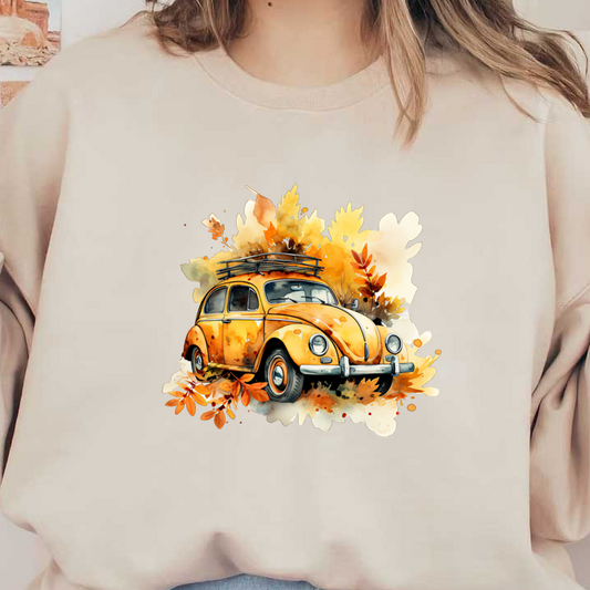 A vintage yellow car with a roof rack, surrounded by a beautiful autumn scene filled with colorful leaves. dtf prints