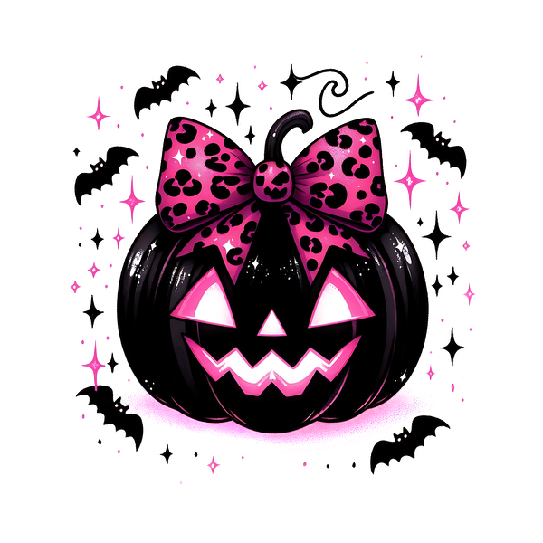 This playful Halloween pumpkin features a glossy black finish with a vibrant pink leopard print bow and a mischievous grin.