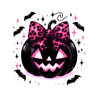 This playful Halloween pumpkin features a glossy black finish with a vibrant pink leopard print bow and a mischievous grin.