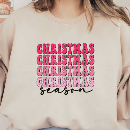 Festive "Christmas" text in vibrant pink shades, embellished with sparkles, perfect for celebrating the holiday season!dtf regular iron