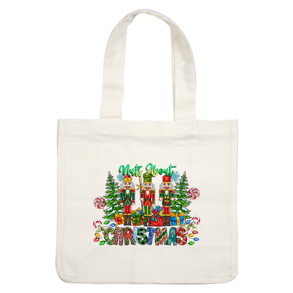 Celebrate the holiday spirit with this vibrant "Nuts About Christmas" design featuring festive nutcrackers, colorful gifts, and cheerful decorations.DTF Transfers heat press transfersdtf regular iron