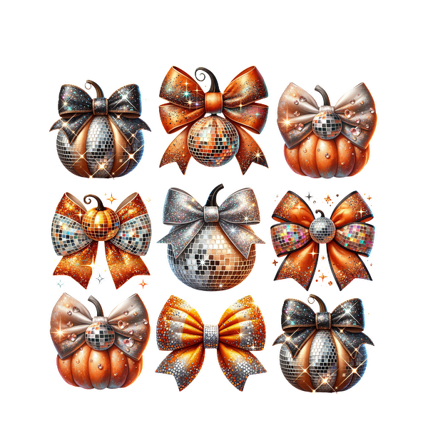 A festive assortment of shimmering ornaments featuring bows, disco balls, and pumpkin designs in vibrant orange and silver tones.dtf regular iron