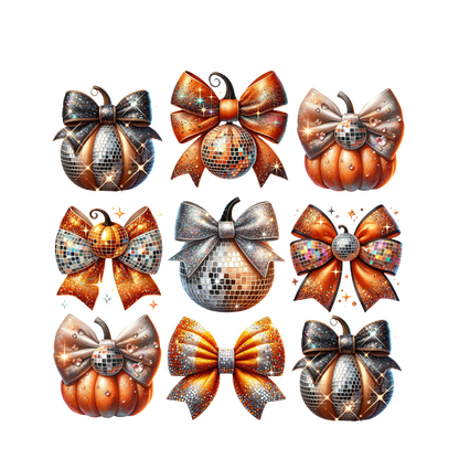 A festive assortment of shimmering ornaments featuring bows, disco balls, and pumpkin designs in vibrant orange and silver tones.dtf regular iron