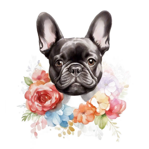 Una encantadora ilustración de acuarela de un bulldog francés rodeado de flores de colores, que captura el espíritu juguetón y la ternura del perro.