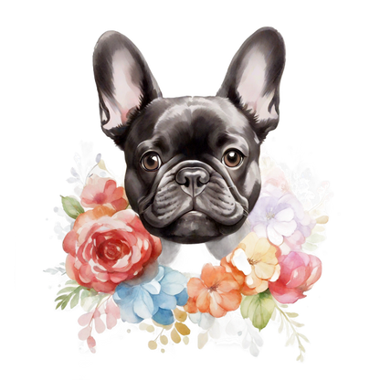 Una encantadora ilustración de acuarela de un bulldog francés rodeado de flores de colores, que captura el espíritu juguetón y la ternura del perro.