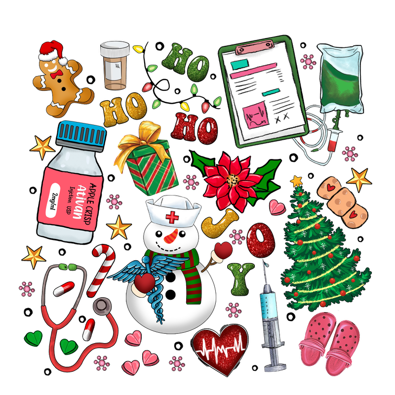 A festive collage featuring a snowman, holiday decorations, medical supplies, and treats, blending Christmas cheer with healthcare elements.DTF Transfers