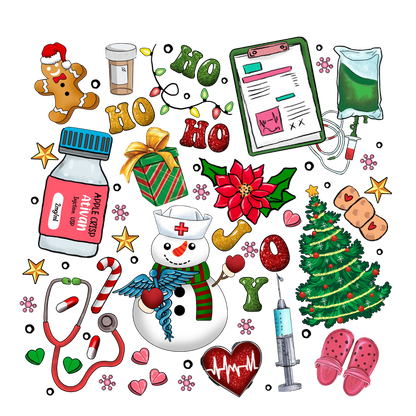 A festive collage featuring a snowman, holiday decorations, medical supplies, and treats, blending Christmas cheer with healthcare elements.DTF Transfers