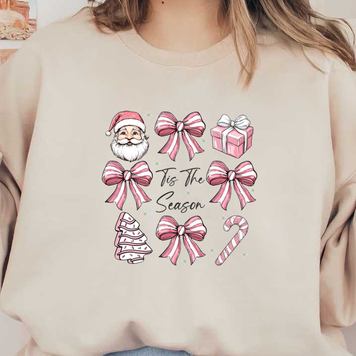 A festive collection featuring Santa, pink ribbons, a Christmas tree, candy canes, and a gift box with "Tis The Season" text. dtf transfers