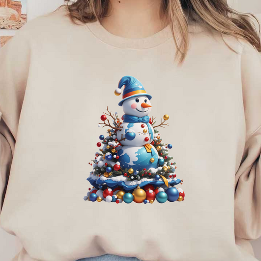 A cheerful, cartoonish snowman adorned with colorful ornaments and surrounded by festive decorations, perfect for holiday cheer.DTF Transfers dtf transfers