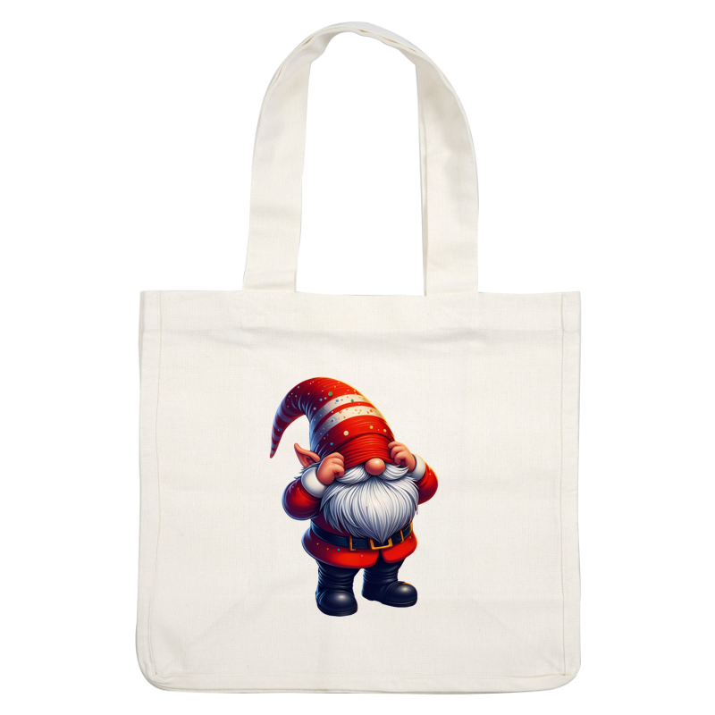 This whimsical gnome in a red and white striped hat and coat has a fluffy white beard and a playful pose.