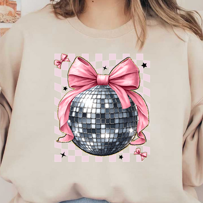 A sparkling disco ball adorned with a vibrant pink bow, perfect for adding a festive touch to any party atmosphere.DTF Transfers dtf transfers dtf transfers