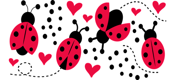 A cheerful design featuring red ladybugs with black spots and cute hearts, perfect for adding a playful touch to any project.UV Transfers dtf transfers