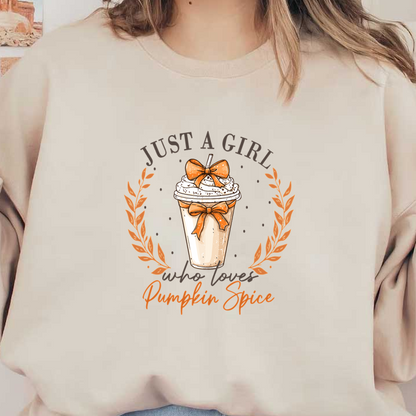 "Charming illustration of a pumpkin spice drink, adorned with whipped cream and a bow, celebrating the fall favorite." dtf prints